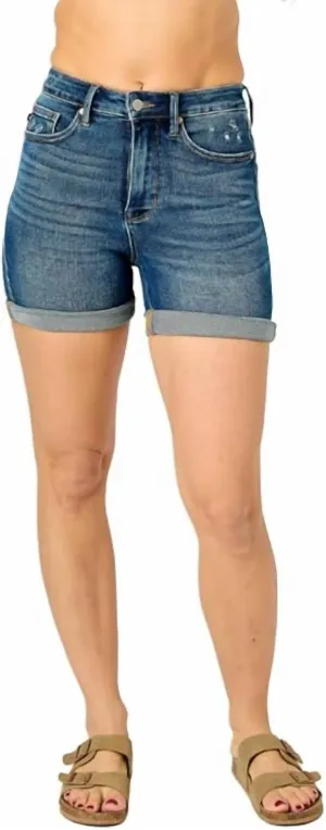 High Rise Control Top Cuffed Shorts In Vintage Wash